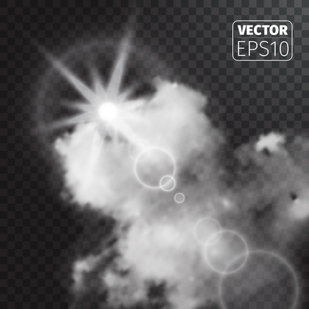 Realistic sun flare with clouds on transparent background. Vector illustration.のイラスト素材