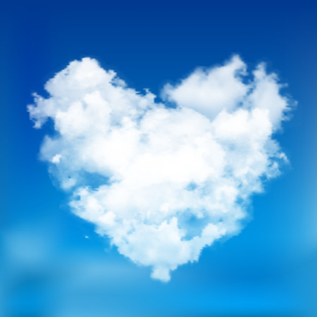 Realistic vector cloud heart with sun. Blue sky background.のイラスト素材