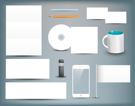 Corporate identity templates. Corporate identity templates blank, business cards, disk, envelope, smart phone, pen, pencil, flag, cup, usb flash driver. Isolated with soft shadowsのイラスト素材