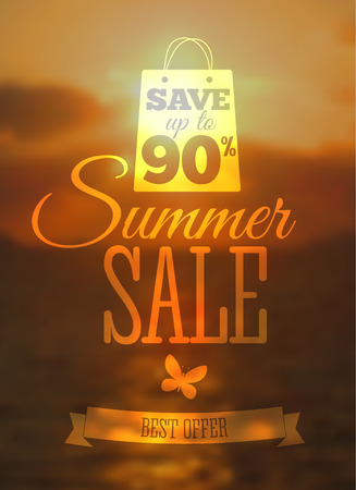 Vector illustration of big sale poster with different element. Natural background with seaside. Badge. Designed text. Templateのイラスト素材