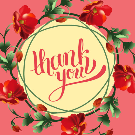 Calligraphic thank you post card with beautiful flowers. Vector illustration.のイラスト素材