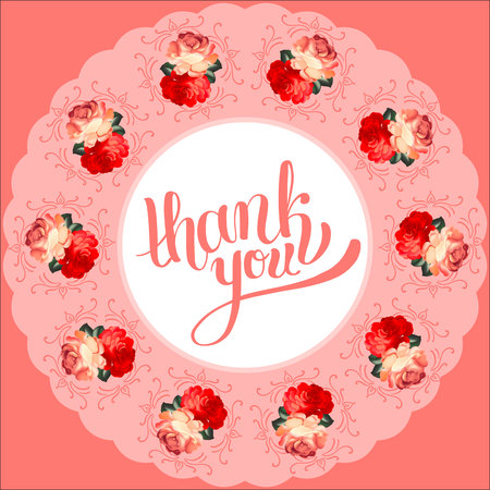 Calligraphic thank you post card with beautiful flowers. Vector illustration.のイラスト素材