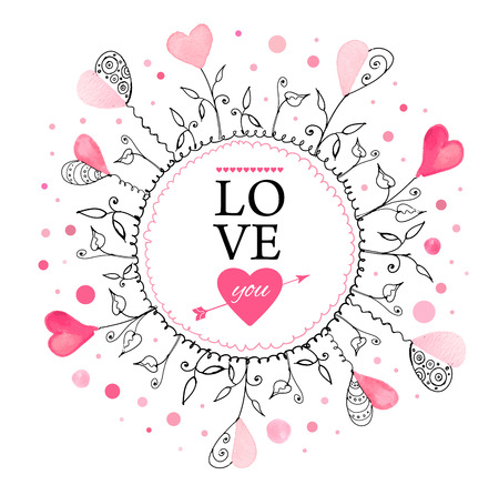 Postcard for Valentine s day with hand drawn watercolor hearts. Vector illustration.のイラスト素材