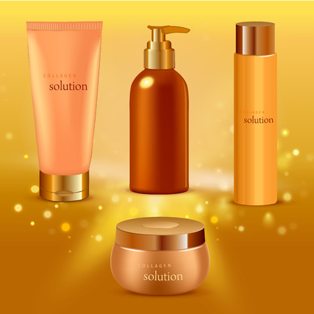 Vector illustration of Realistic collagen serum tubes icon set different size tubes on gold gradient backgroundのイラスト素材