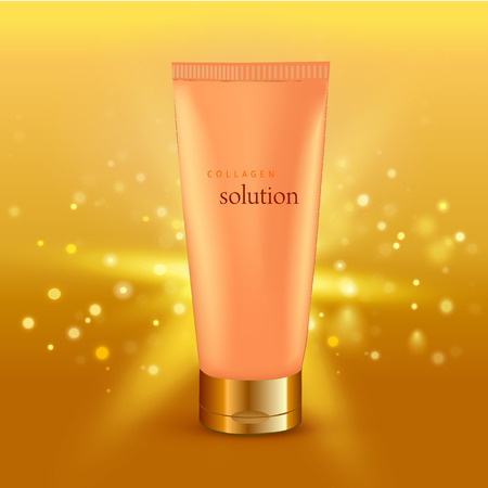 Realistic vector illustration. Collagen solution intensive cream tube gold background advertisement poster for pharmaceutical and cosmetics productsのイラスト素材