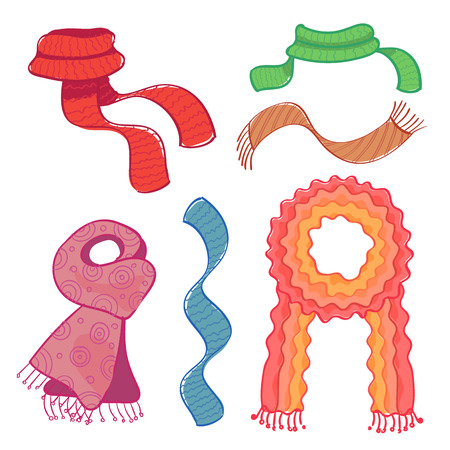 Set of different coloured winter scarves on white background. Vector illustrationのイラスト素材