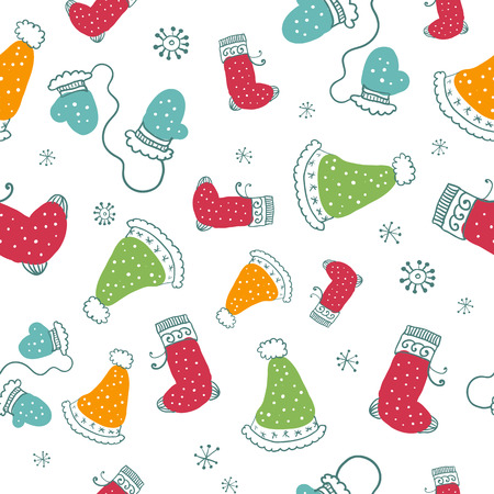 Seamless pattern with christmas socks, mittens and hats in doodle style. Vector illustration for Merry Christmas and Happy New Year.のイラスト素材