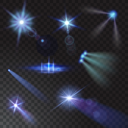 Set of Realistic beam lights and glow elements on transparent background. Vector illustrationのイラスト素材