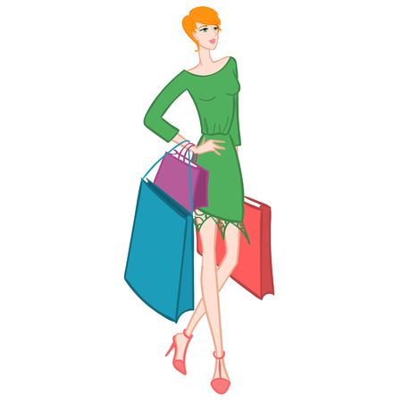 Fasionable girl with shopping bags. Vector illustration.のイラスト素材