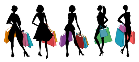 Silhouettes of women with shopping bags. Vector illustration.のイラスト素材