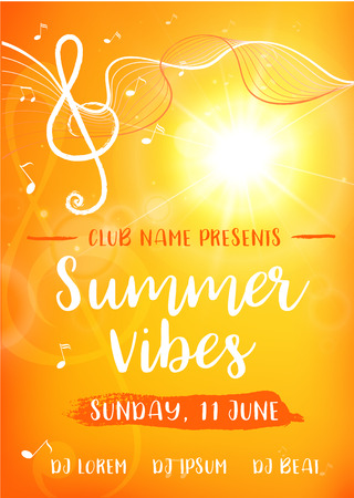 Summer vibes card. Decorative yellow background with sun, treble clef and music notes.のイラスト素材