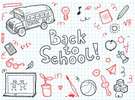 Doodle freehand drawing on paper background with back to school letteringのイラスト素材