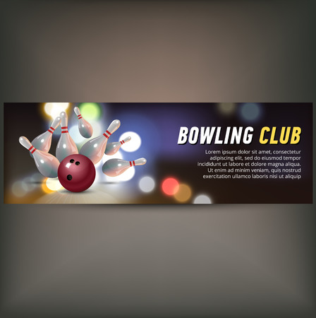 Bowling horizontal banner with bowling champ club and leagues symbols realistic isolatedのイラスト素材