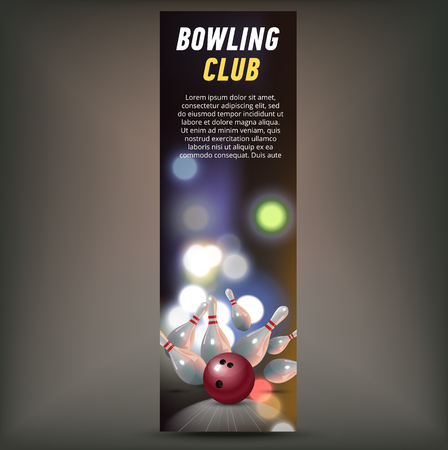 Bowling vertical banner with bowling champ club and leagues symbols realistic isolatedのイラスト素材