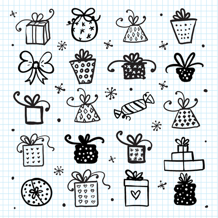 Doodle set of presents, ribbons, stars. Vector isolated on paper for celebration design. All gifts are grouped.のイラスト素材