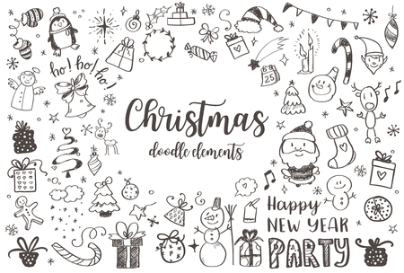 Big set of Christmas design element in doodle styleのイラスト素材