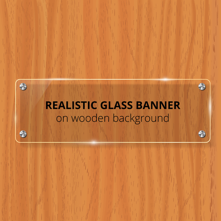 Transparent glass plate mock up. Brown wooden background. Decorative graphic design element. Plastic glossy panel with reflection, shadow.のイラスト素材