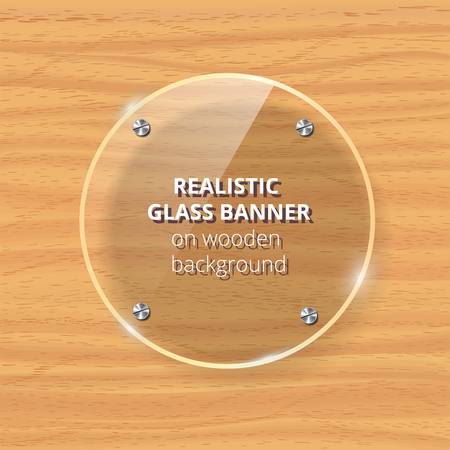 Transparent glass plate mock up. Yellow wooden background. Decorative graphic design element. Plastic glossy panel with reflection, shadow. Realistic vector illustrationのイラスト素材