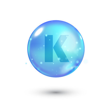 Shiny colored bowl with letter, vitamin, blue capsule. Blue bubble, realistic vector illustrationのイラスト素材