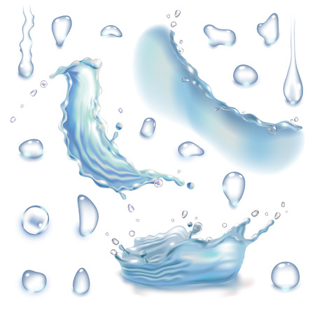Set of translucent water splashes and drops in light blue colors, isolated on transparent background. Transparency only in vector file.のイラスト素材