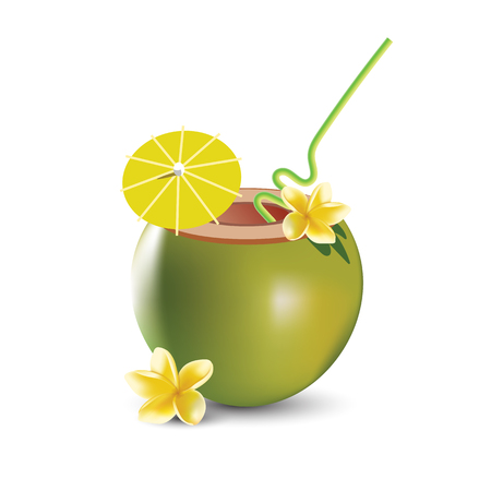Coconut cocktail vector illustration isolated on a white background. Realistic frangipani flower.のイラスト素材