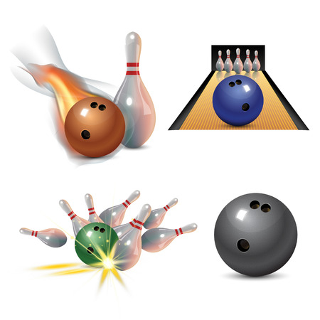 Realistic bowling icon set isolated on white background. Bowling strike with ballのイラスト素材