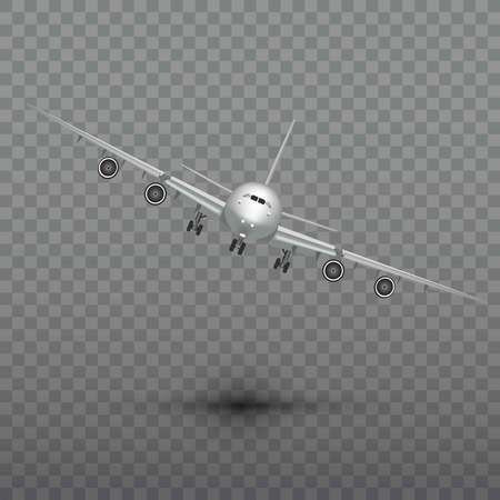Flying airplane, jet aircraft, airliner. Front view of detailed realistic passenger air plane isolated on transparent background.のイラスト素材