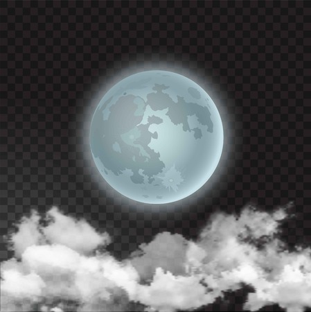 Vector illustration of moon skyscape with realistic night moon and few clouds floats isolated on transparent backgroundのイラスト素材