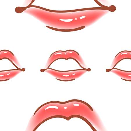 Brush drawn various woman lips seamless vector pattern. Different sexy lips shapes. Doodle style fashion, cosmetology background. Abstract hand drawn artistic texture.のイラスト素材