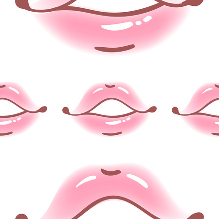 Brush drawn various woman lips seamless vector pattern. Different sexy lips shapes. Doodle style fashion, cosmetology background. Abstract hand drawn artistic texture.のイラスト素材