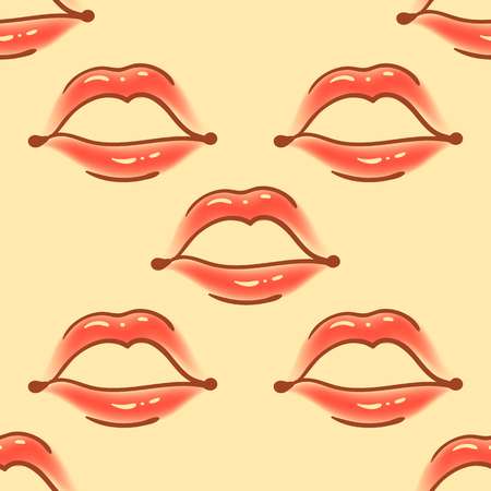 Vector illustration of Brush drawn various woman lips seamless vector pattern. Different sexy lips shapes. Doodle style fashion, cosmetology background. Abstract hand drawn artistic texture.のイラスト素材