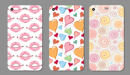 Phone case collection. Closeup beautiful lips of woman with red lipstick and gloss. Sexy wet lip make-up. Open mouth. Sweet kiss.Retro mobile phone decals. Vector illustrationのイラスト素材