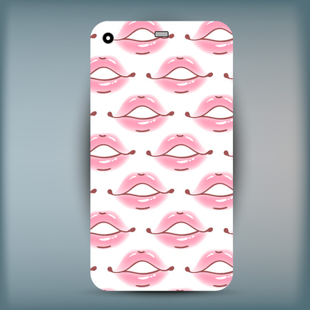 Vector illustration of Phone case. Closeup beautiful lips of woman. Sexy wet lip make-up. Open mouth. Sweet kiss.のイラスト素材