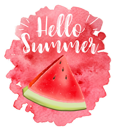 lettering hello summer. Poster. Badge. Advertising template. Realistic Juice splash. Watermelon vector printのイラスト素材