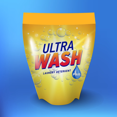 Laundry detergent package design, yellow container soft package with label in 3d illustration isolated on blue backgroundのイラスト素材
