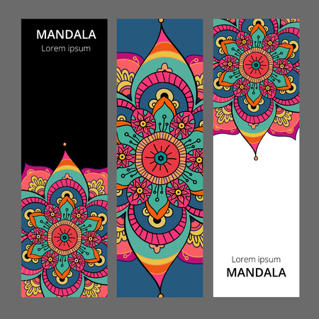 Indian floral paisley medallion banners. Ethnic Mandala ornament. Can be used for textile, greeting card, coloring book, phone case print. Vector illustrationのイラスト素材