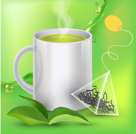 Green tea banner ads with tea leaves, green background with realistic splash of tea and tea bag in 3d illustrationのイラスト素材