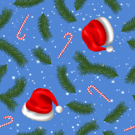 Colorful seamless pattern with red santa hats on blue background, for your christmas designの写真素材