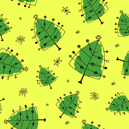 Green pine seamless pattern in doodle style. Vector illustrationのイラスト素材