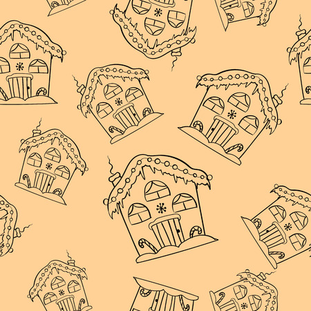 Hand drawn Christmas houses seamless pattern. Cute houses background. Engraved style illustration. Vector illustrationのイラスト素材