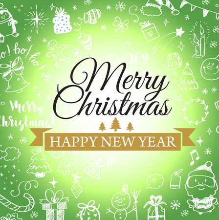 Christmas post card with doodles. Big set of Christmas design element in doodle styleのイラスト素材