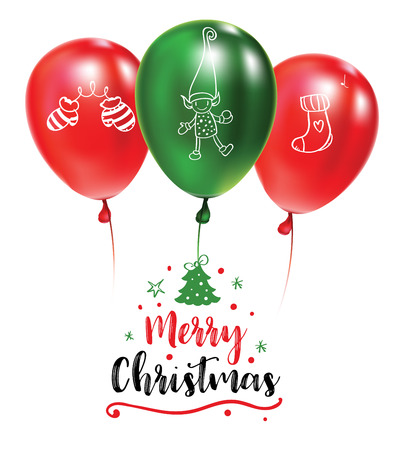 CHristmas post card with green and red balloons with doodles. Designed text. Festive callygraphy. Typograpgy poster. Doodle mitten, elf, sock. Realistic vector illustrationのイラスト素材