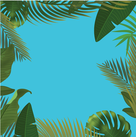 Background with realistic green palm leaf branches on blue background. flat lay, top view. Vector illustrationのイラスト素材