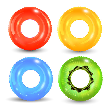 Swim rings set on white background. Inflatable rubber toy. Lifebuoy colorful vector collection. Summer. Realistic summertime illustration. Summer vacation or trip safety.のイラスト素材