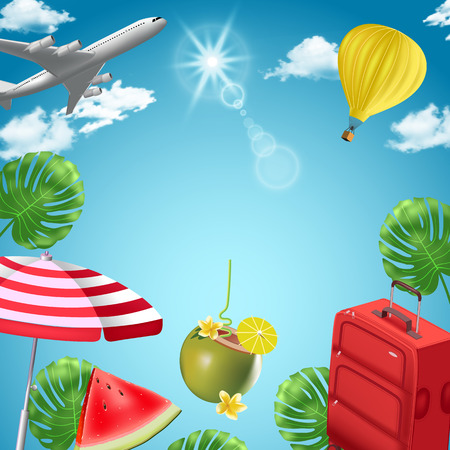 Background with beach and travel elements. Tourism. Traveling around the world. Background for travel agent, travel advertising, for web sites about tourism. Advertising banner template. Vector illustration.のイラスト素材