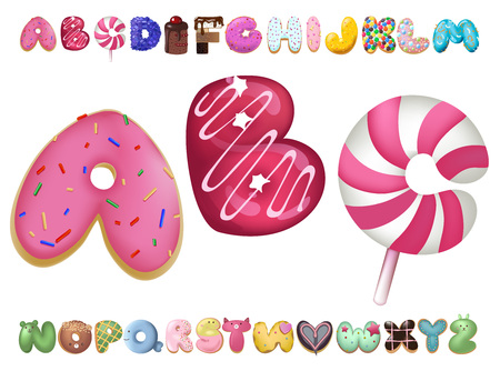 Sweet cookie font. Vector letters baking in colored glaze set. Cartoon vector illustration. Hand drawn font with sweet bun. Actual Creative art bake alphabetのイラスト素材