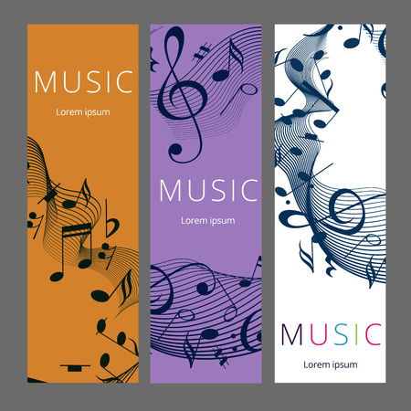 Set of abstract banners with colored music key and notes. Banner template for music festive and party. Vector paper illustration.のイラスト素材