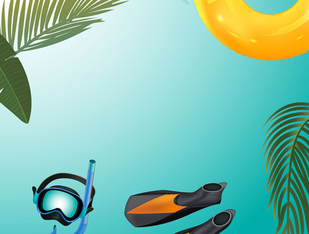 green palm leaf branches and other beach elements on bright blue background. Realistic inflatable ring, diving mask and flippers. Vector illustration, top viewのイラスト素材