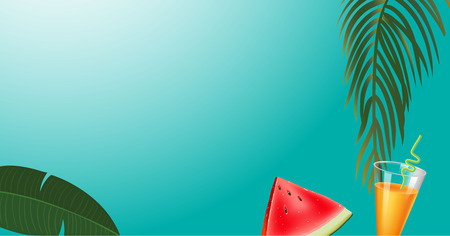 green palm leaf branches and other beach elements on bright blue background. Realistic orange juice and watermelon. Vector illustration, top viewのイラスト素材