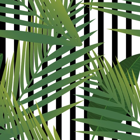 Beautiful tropical abstract color and green palm leaves seamless vector pattern on a background of geometric diagonal black and white lines. Vector illustrationのイラスト素材